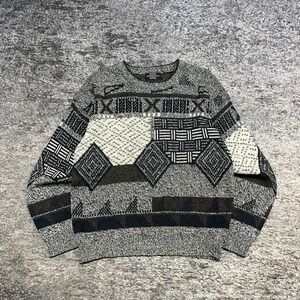 Vintage 90s Expressions Sweater Mens Medium Black Gray Geometric Pattern Grandpa